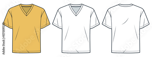 Basic T-Shirt fashion flat tehnical drawing template. V-Neck T-Shirt technical fashion illustration, relaxed fit, front and back view, white, yellow, women, men, unisex CAD mockup set.