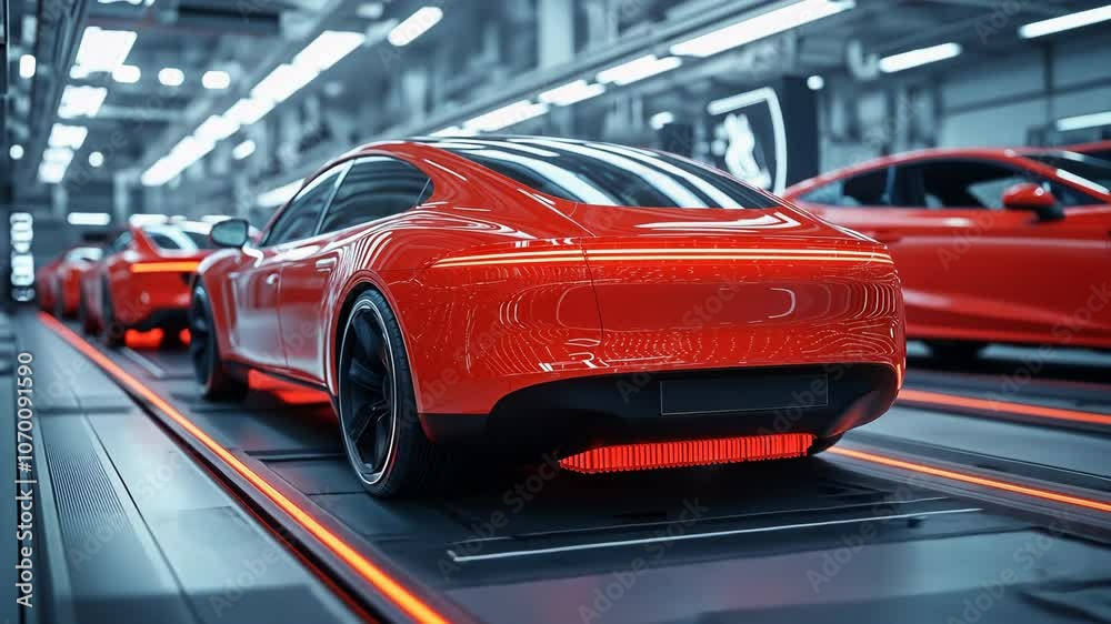 Modern electric car on automated production line in factory for automotive innovation, technology, and sustainability. Red vehicle in assembly plant symbolizing advanced manufacturing and efficiency Modern electric car on automated production line in factory for automotive innovation, technology, and sustainability. Red vehicle in assembly plant symbolizing advanced manufacturing and efficiency