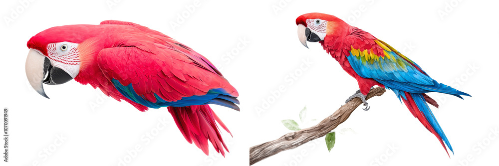Obraz premium Isolated on transparent background, png, this watercolor illustration shows a scarlet macaw parrot with its bold red, orange, and blue feathers.