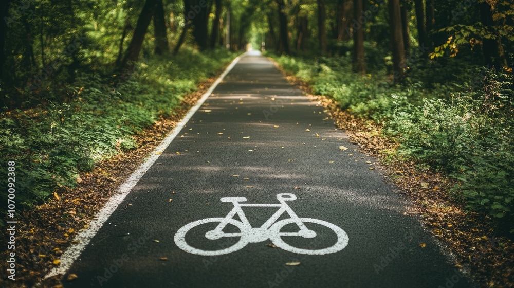 Obraz premium Clear, one-way bike lane with white markings on asphalt, bordered by greenery and urban elements.