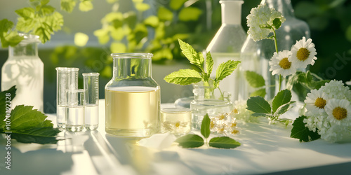 Pure natural green plants soaked in test tubes waiting for extraction. Food science, health, nutrition, business, beauty, medical, commercial poster, poster, wallpaper, background