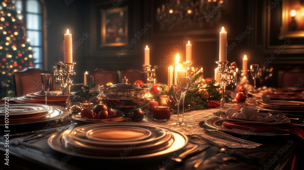 A Christmas dinner table set with candles, plates, silverware, and decorations in a cozy, elegant dining room. A Christmas dinner table set with candles, plates, silverware, and decorations in a cozy, elegant dining room.