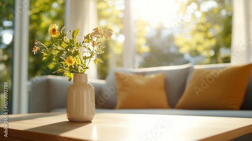Wallpaper Mural A bouquet of wildflowers in a white vase on a coffee table in front of a couch with sunlight streaming through a window. Torontodigital.ca