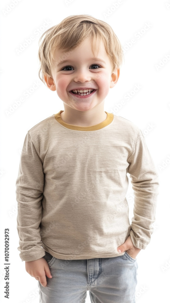 Young boy smiling in casual outfit, isolated on white, displaying innocence and happiness with a cheerful expression.. Young boy smiling in casual outfit, isolated on white, displaying innocence and happiness with a cheerful expression..