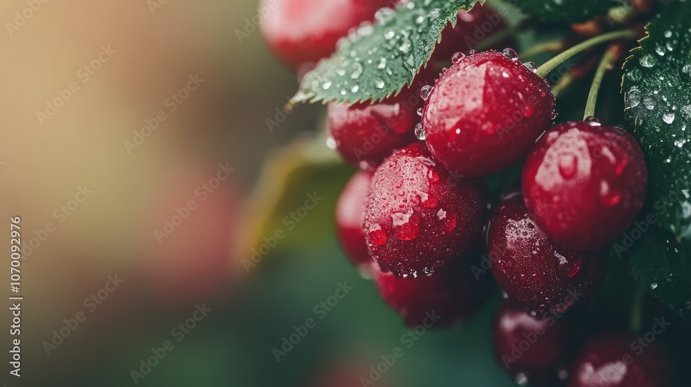 Close-up of a bunch of cherries with tiny water droplets, focusing on the vibrant red color and juicy appeal, against a clean background. Close-up of a bunch of cherries with tiny water droplets, focusing on the vibrant red color and juicy appeal, against a clean background.