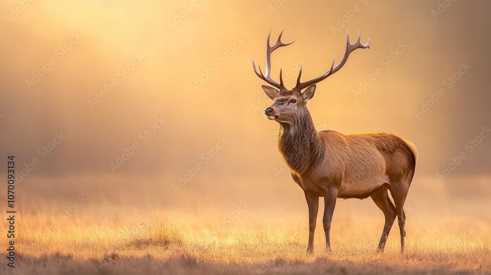 Obraz premium Majestic red deer stag with large antlers stands in a field at sunrise, looking to the side.