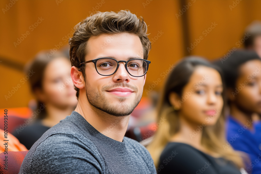 Smiling Student with Glasses in Modern Lecture Hall Surrounded by Classmates, Well-Lit and Minimalistic Academic Environment Smiling Student with Glasses in Modern Lecture Hall Surrounded by Classmates, Well-Lit and Minimalistic Academic Environment