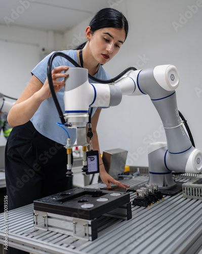 Hispanic engineer woman working on AI technology in robotics electronics engineering laboratory. University students' research project is programming robot machine with intelligent mechanical control