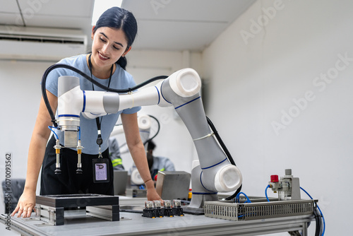 Hispanic engineer woman working on AI technology in robotics electronics engineering laboratory. University students' research project is programming robot machine with intelligent mechanical control