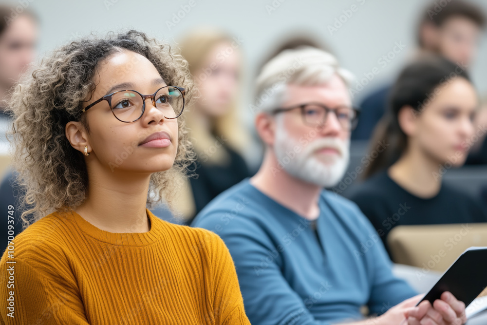 Obraz premium Modern Classroom Scene with Attentive Students, Lecturer in Focus