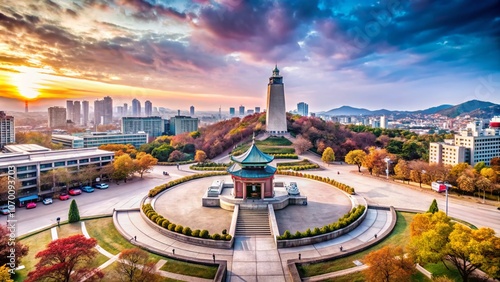 Aerial View of Yongsan War Memorial Surrounded by Lush Greenery and Urban Landscape, Showcasing Historical Significance in a Modern Cityscape with Clear Blue Sky