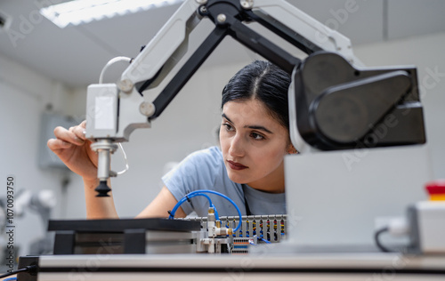 Hispanic engineer woman working on AI technology in robotics electronics engineering laboratory. University students' research project is programming robot machine with intelligent mechanical control