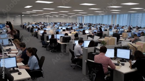 An office space filled with employees working at their computer workstations