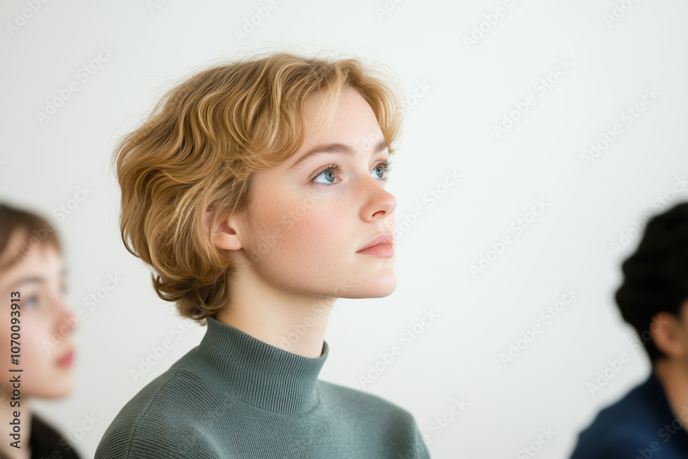 Fototapeta premium Attentive Students Watching Young Blonde Professor Explain Lesson in Minimalist Classroom Setting