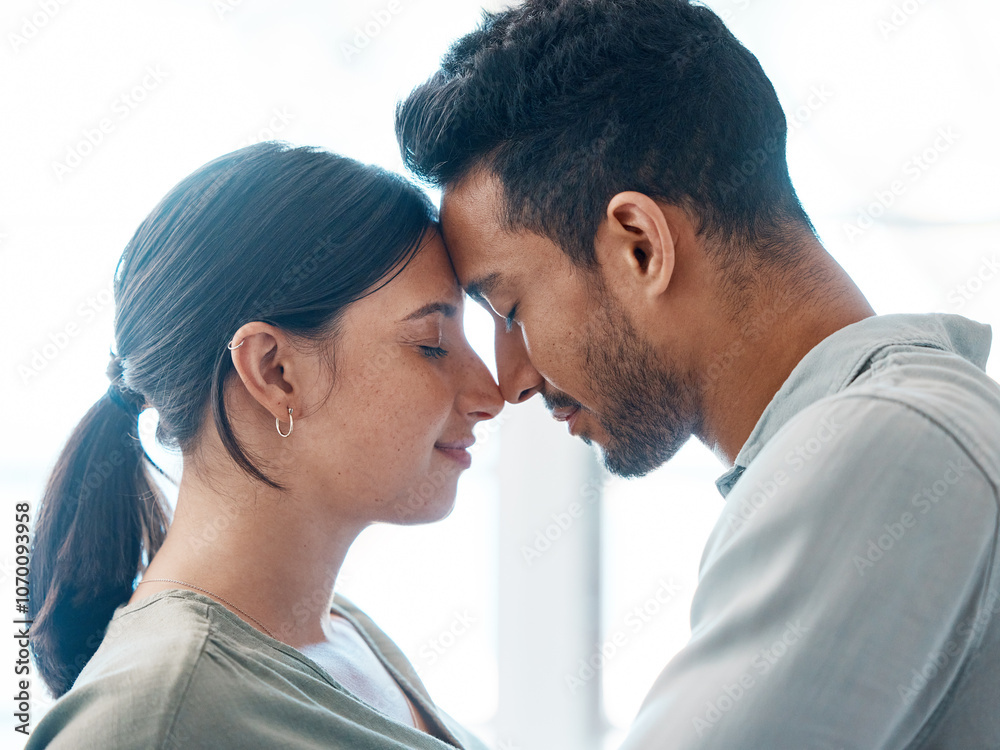 Love, couple and care in home with connection for bonding, trust and commitment in relationship. People, smile and intimate moment together with security, support and romance on honeymoon vacation