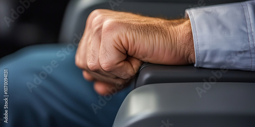 Closeup of man's hand taking a tight grip on armrest during flight. Flying anxiety or flight phobia concept. photo