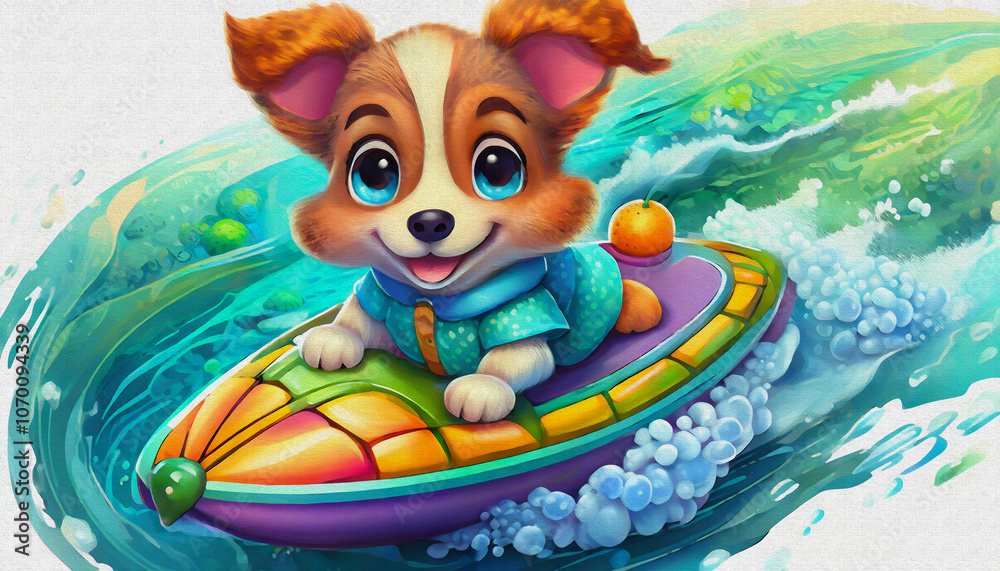 Naklejka premium oil painting style CARTOON CHARACTER illustration CUTE a beautiful baby dog rides a jet ski on the beach