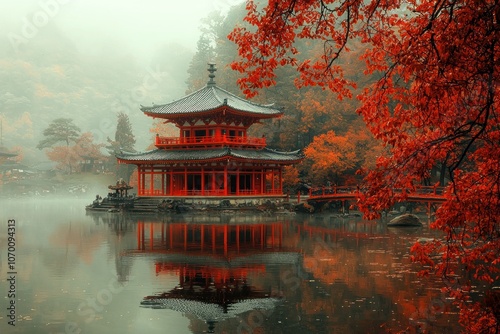 A Traditional Japanese Pagoda Reflecting in Still Waters Surrounded by Autumn Foliage
