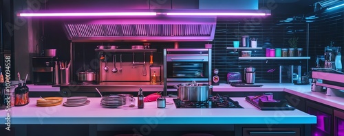 Modern kitchen interior with neon lights, stainless steel appliances, and a minimalist design.