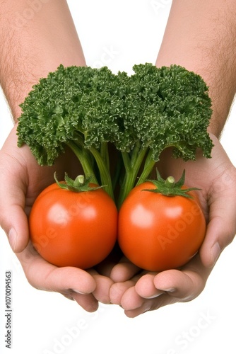  Dos tomates y una cabeza de brócoli sostenidos en las manos de una persona, representando una alimentación saludable y fresca.

 photo