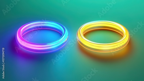 Wallpaper Mural Abstract Marketing Background Featuring Transparent Yellow Neon Style Cartoon Inflatable Swim Rings Arranged in Equal Distances, Surrounded by Blue and Purple Light. This 3D Render Showcases a Light G Torontodigital.ca