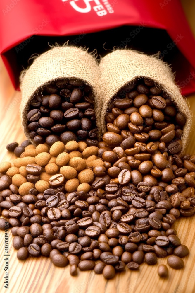 Fototapeta premium Granos de café oscuro y claro derramándose de pequeños sacos de yute, evocando el aroma y la frescura del café.