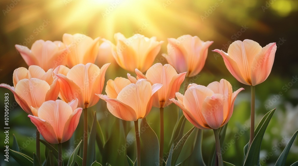 Fototapeta premium A vibrant display of peach-colored tulips illuminated by sunlight.