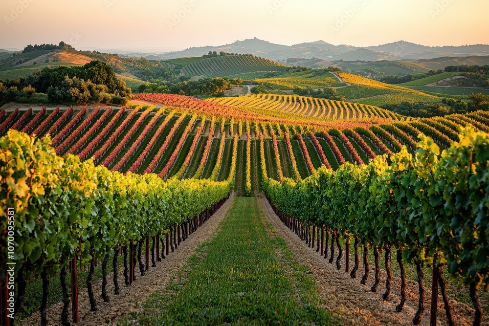 Naklejka premium Vibrant vineyard at sunset with rolling hills and colorful rows