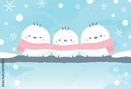 冬の雪景色とシマエナガのかわいい鳥手書きイラスト_1月・寒中見舞い・年賀状じまいなど