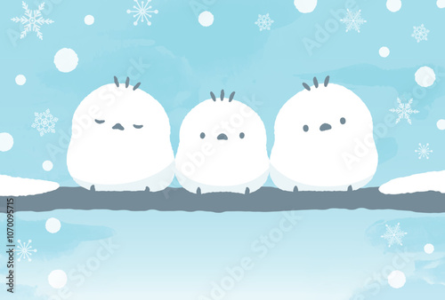 冬の雪景色とシマエナガのかわいい鳥手書きイラスト_1月・寒中見舞い・年賀状じまいなど