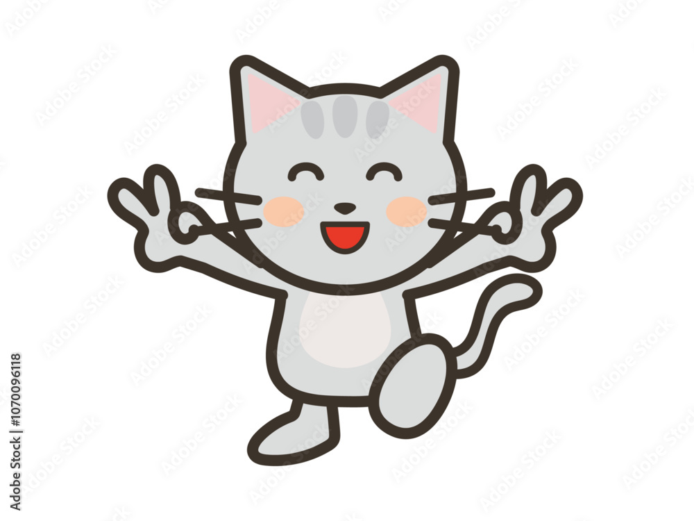 ダブルピースでご機嫌なかわいいねこちゃんのイラスト ダブルピースでご機嫌なかわいいねこちゃんのイラスト