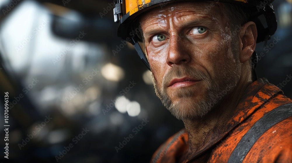 Fototapeta premium An oil rig worker in a yellow helmet works hard outdoors.