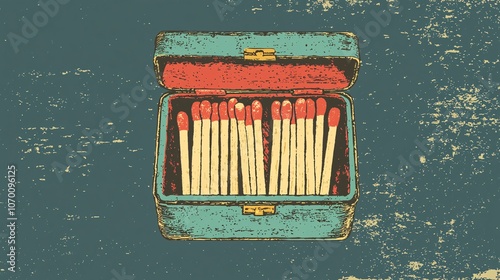 Vintage matchbox illustration with striking matches in a design against a white background. photo