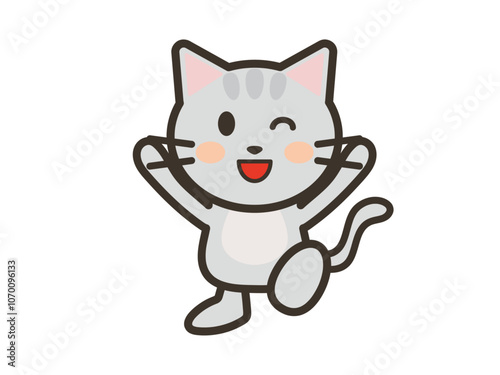 バンザイして喜ぶかわいいねこちゃんのイラスト
