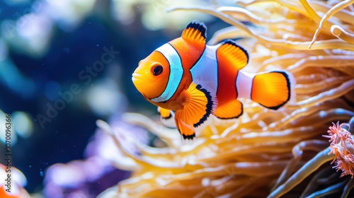 A close-up of a vibrant orange and white clownfish swimming among the tentacles of an anemone.