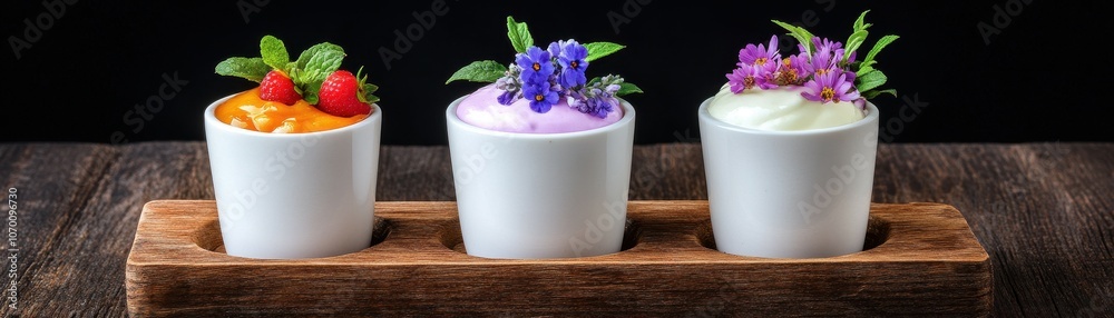 Delightful decorative pudding trio adorned with vibrant edible flowers for a stunning dessert presentation. Delightful decorative pudding trio adorned with vibrant edible flowers for a stunning dessert presentation.