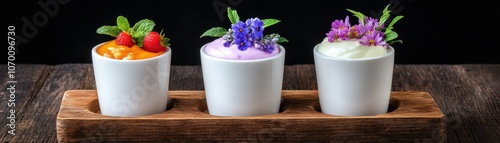 Delightful decorative pudding trio adorned with vibrant edible flowers for a stunning dessert presentation.