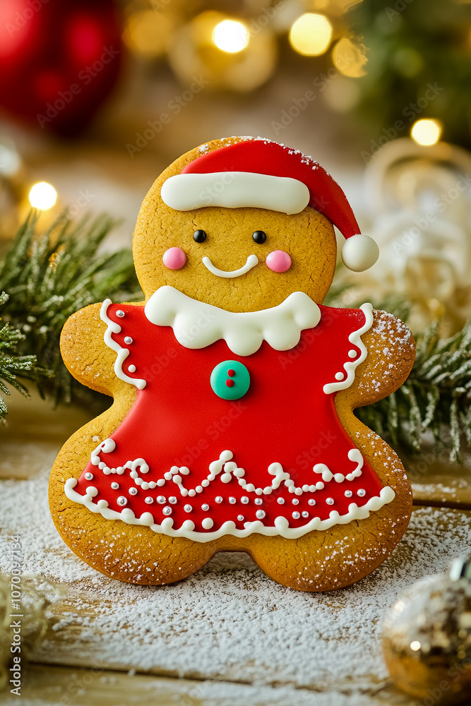 A gingerbread man with a scarf is sitting on a table A gingerbread man with a scarf is sitting on a table