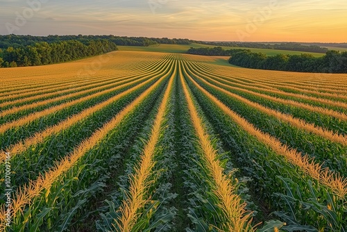 Golden cornfield at sunset with vibrant horizon and majestic rows