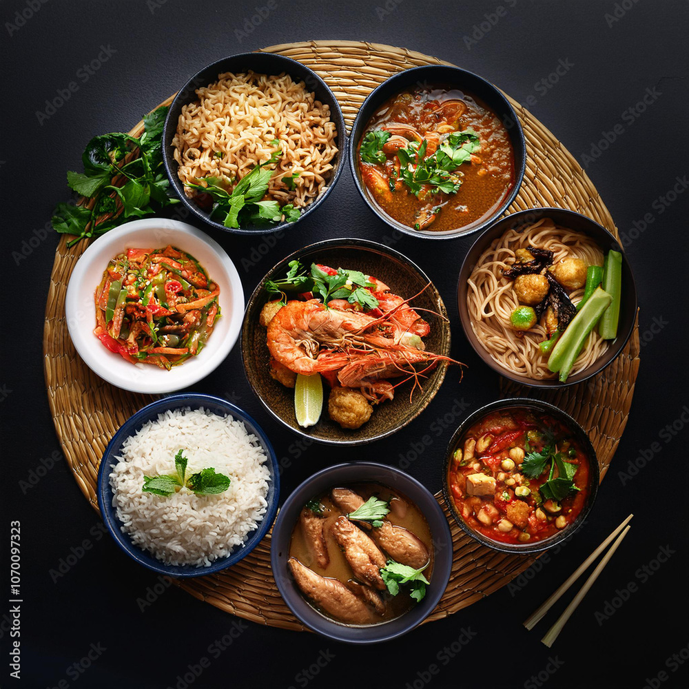 Assorted Thai Food Set on Dark Table Assorted Thai Food Set on Dark Table