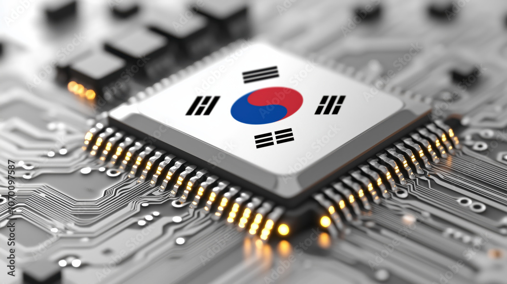 Microchip with South Korean flag design on circuit board background Microchip with South Korean flag design on circuit board background
