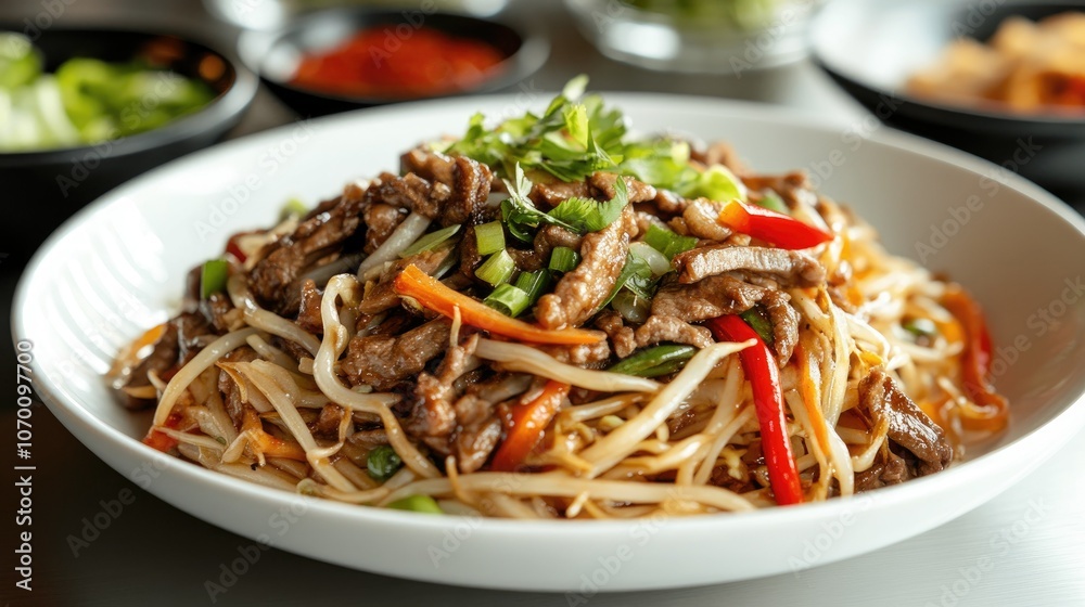 Crisp bean sprouts carefully placed on a white plate, with close-up details of their fresh texture and subtle green accents. Crisp bean sprouts carefully placed on a white plate, with close-up details of their fresh texture and subtle green accents.