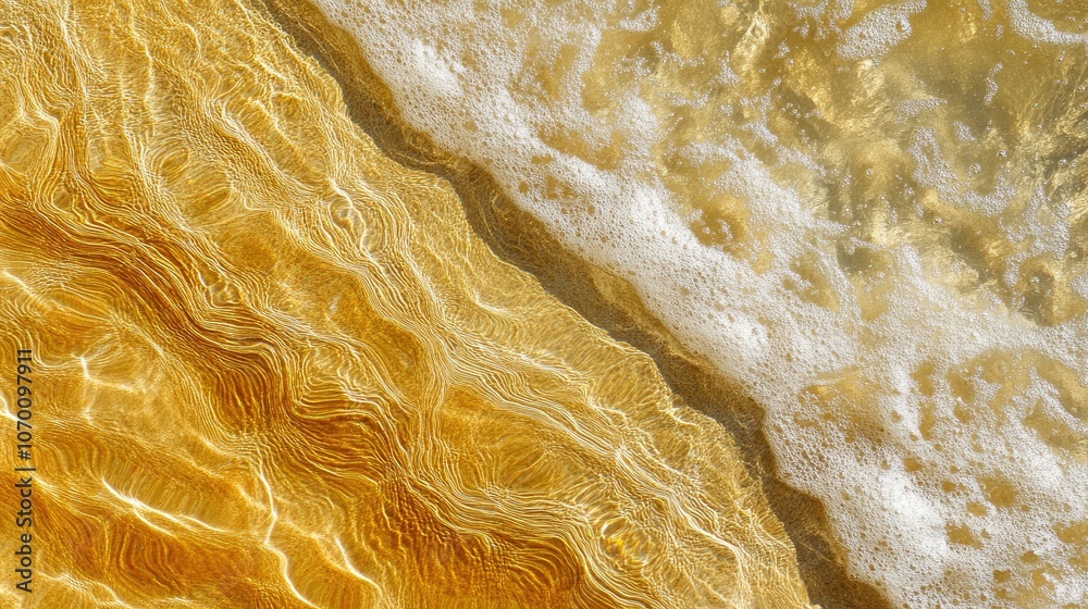 Obraz premium Crystal-clear waves meet golden sands under radiant sunlight on an empty, peaceful shoreline.