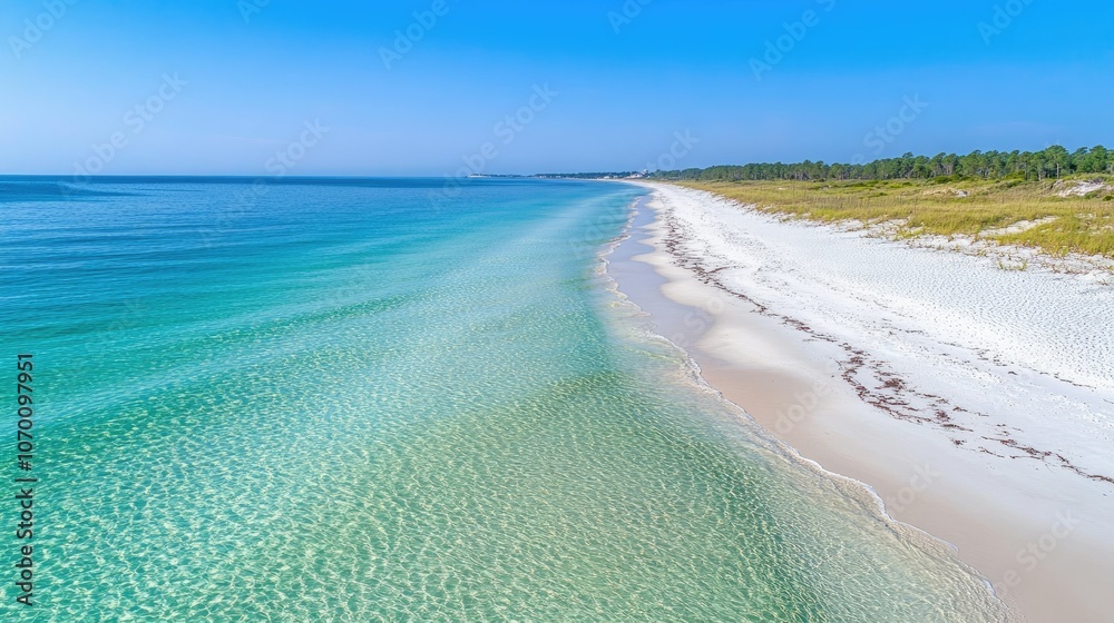 Obraz premium Crystal-clear waves meet golden sands under radiant sunlight on an empty, peaceful shoreline.