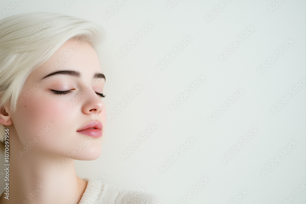 Naklejka premium Pale-Skinned Woman in Calm, Serene Pose Near White Wall, Soft Lighting in Minimalist Room