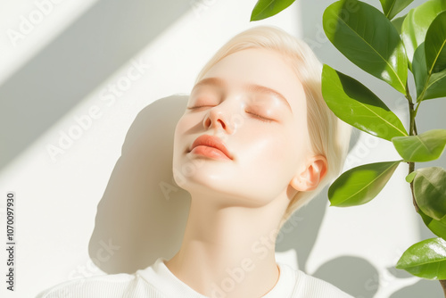 Serene Pale-Skinned Woman with Albinism Standing Near White Wall in Softly Lit Room, Calm Expression, Clean Open Environment photo