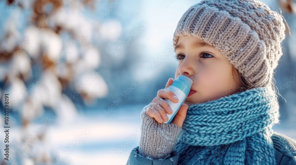 Child in cozy winter attire uses asthma inhaler in snowy backyard amidst supportive atmosphere