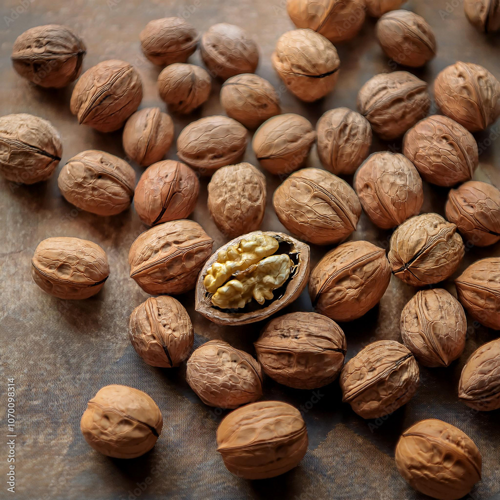 Beautiful Walnuts on Textured Natural Surface Beautiful Walnuts on Textured Natural Surface