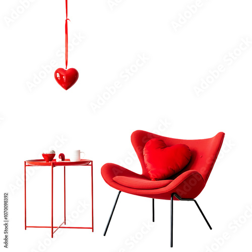 Modern Red Armchair And Table With Heart Decor On Transparent Background

 photo