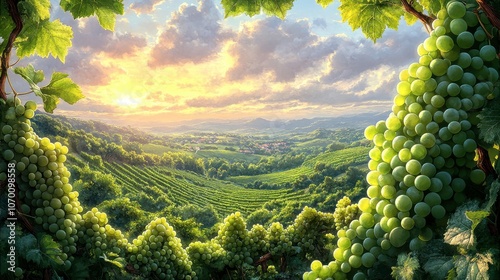 Lush Vineyard at Sunrise with Vibrant Green Grapevines